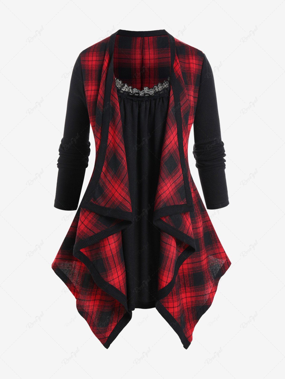 Outfits Plus Size Plaid Lace Trim Draped Long Sleeves Twofer Tee  