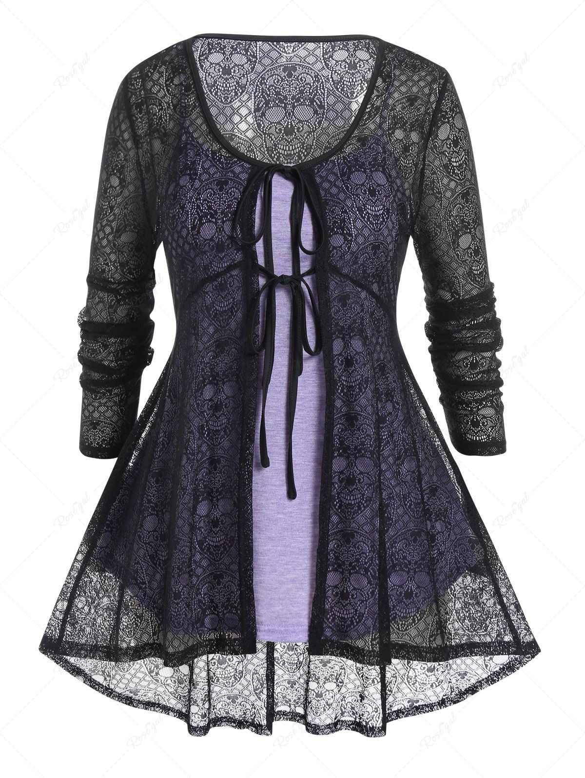 Latest Plus Size Heather Cami Top And Skull Print Lace Tied Long Sleeve Top Set  