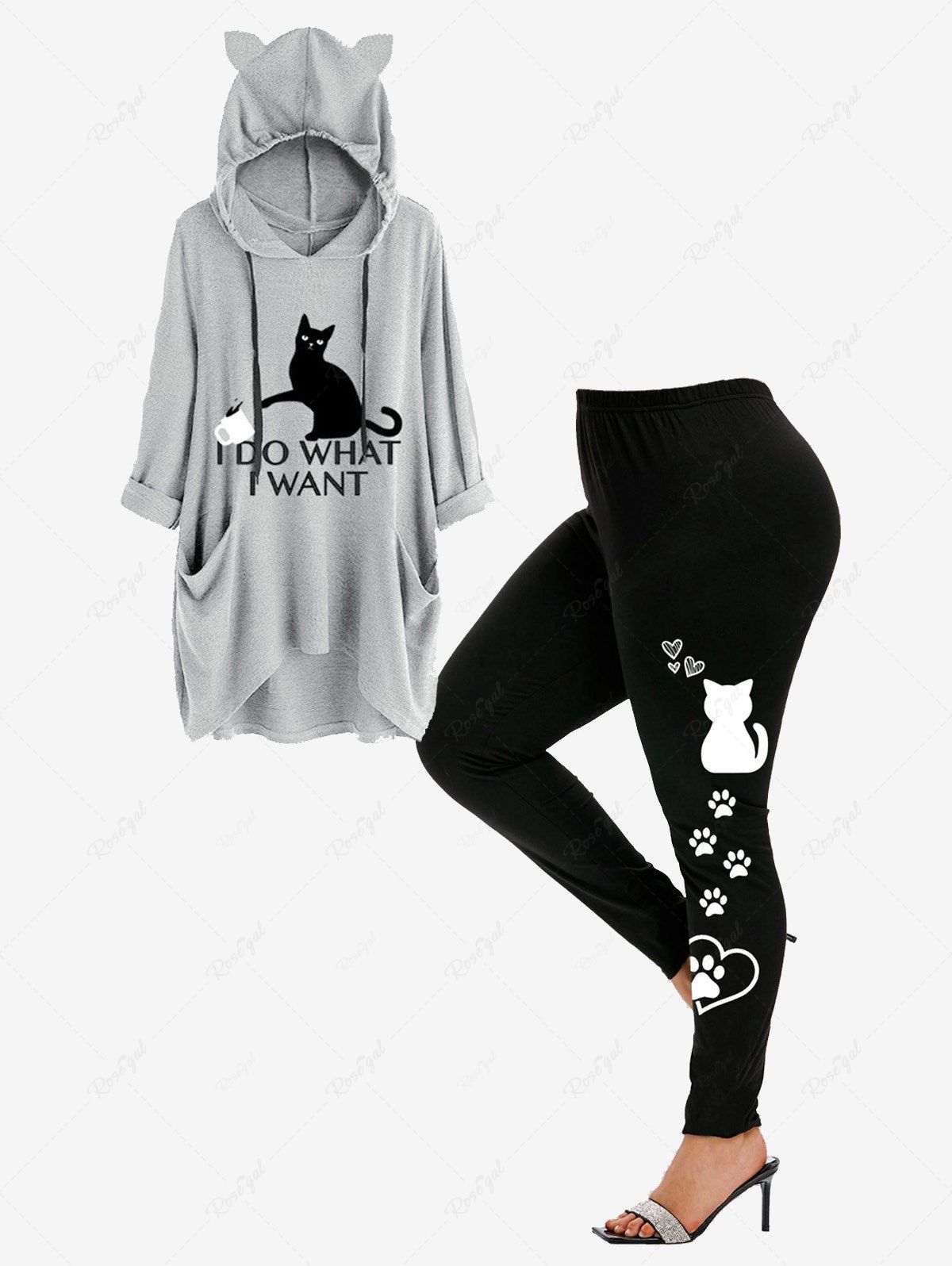 Best Hooded Drawstring Pockets High Low Graphic Top and High Waist Cat Paw Print Leggings Plus Size Fall Outfit  