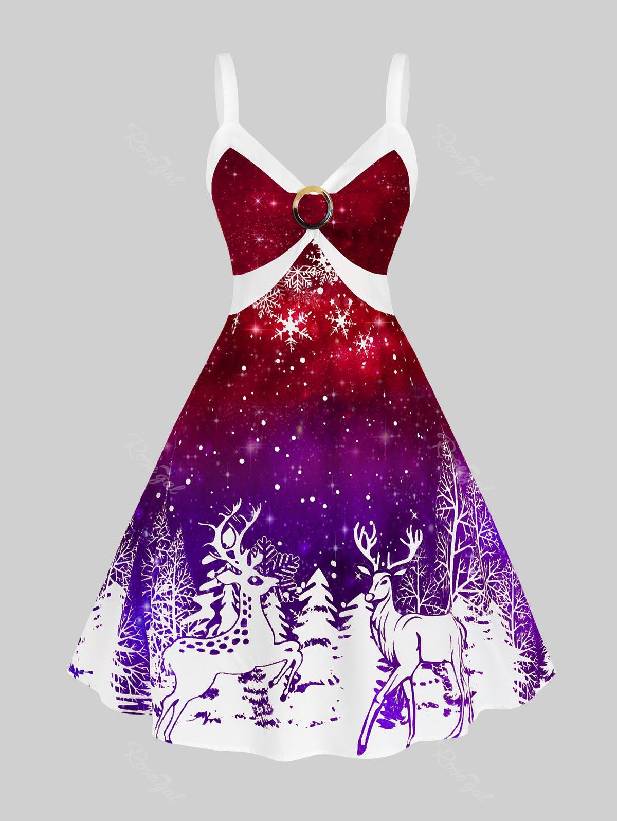 Sale Plus Size Christmas Bicolor Elk Snowflake Print Dress  
