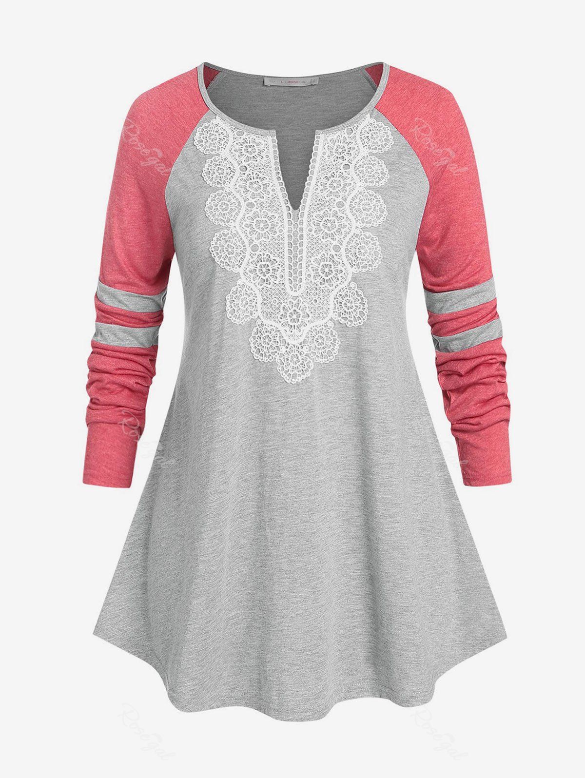 New Plus Size Lace Raglan Sleeve Colorblock T Shirt  