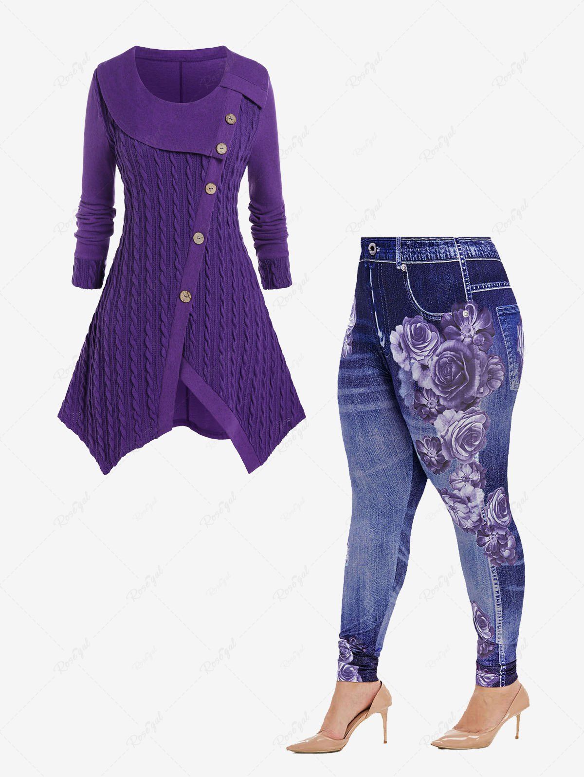 Latest Asymmetric Mock Buttons Cable Knit Sweater and High Rise Floral Gym 3D Jeggings Plus Size Outfit  