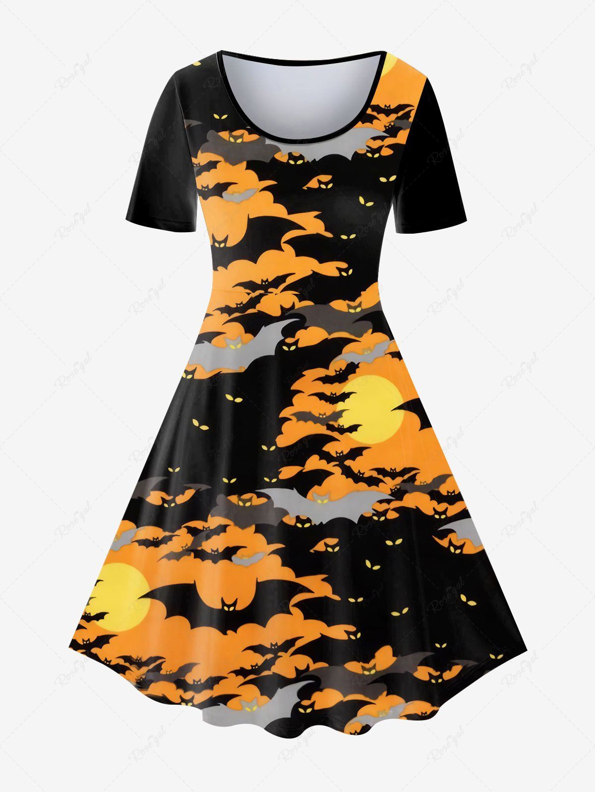 Robe Ligne A D'Halloween Vintage à Imprimé Chauves-souris en Blocs de Couleurs Orange 