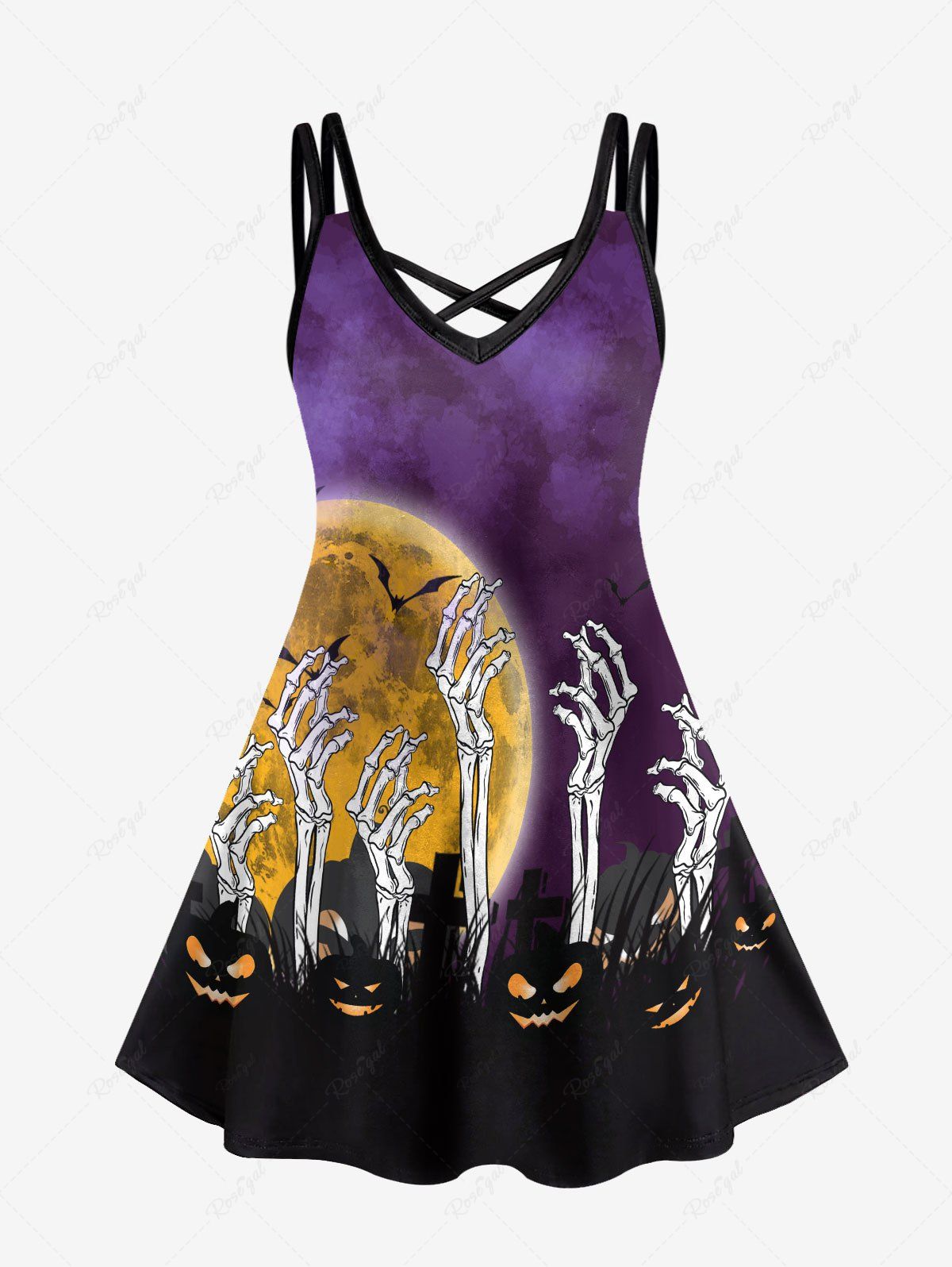 Fashion Halloween Skeleton Pumpkins Printed Crisscross Sleeveless A Line Dress  