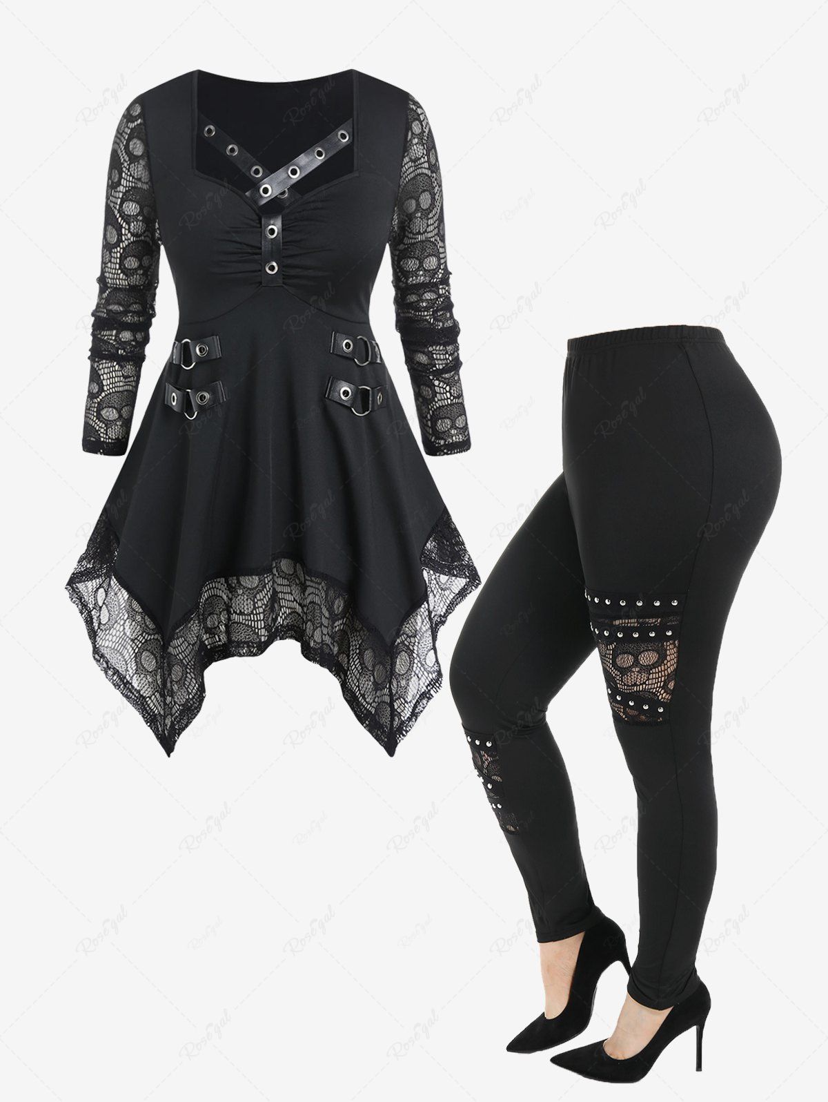Hot Skull Lace Panel Handkerchief Tee and Studded Pants Gothic Outfit  