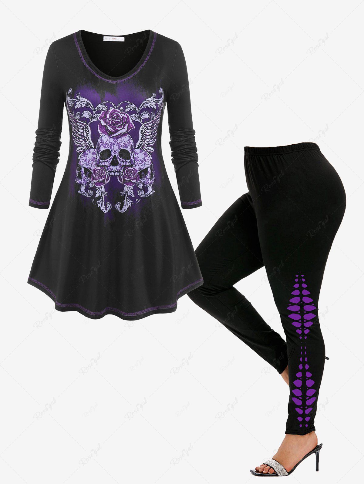 Best Gothic Skull Flower Tunic Tee and Skeleton Printed Leggings Outfit  