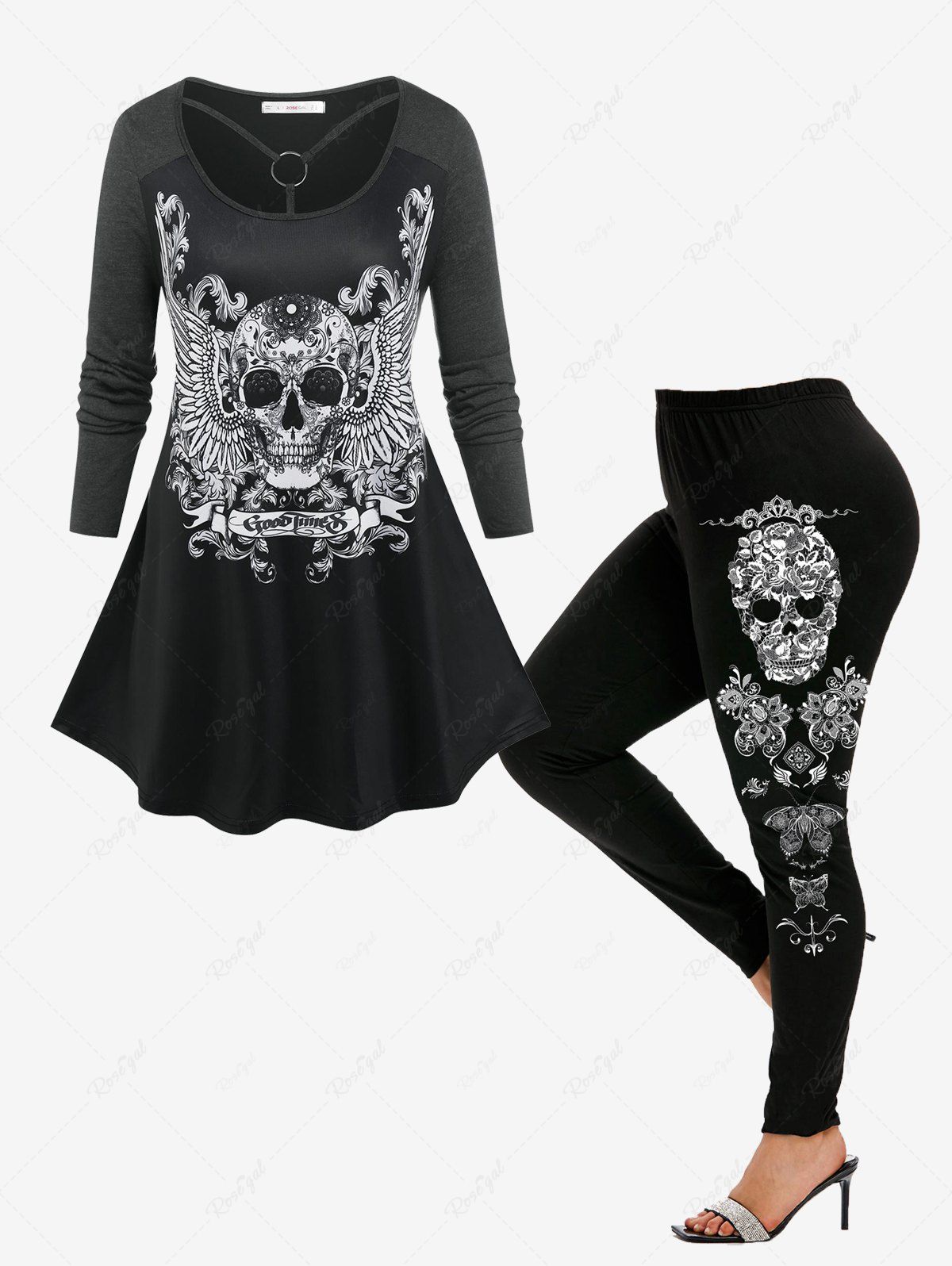 Outfit Gothic Skull Wing Print O Ring Tunic Tee and Leggings Outfit  