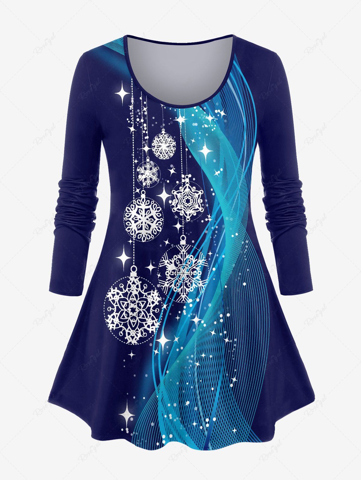 T-shirt à Imprimé Brillant 3D Flocon de Neige de Noël Bandoulière de Grande Taille à Manches Longues Bleu profond M | US 10