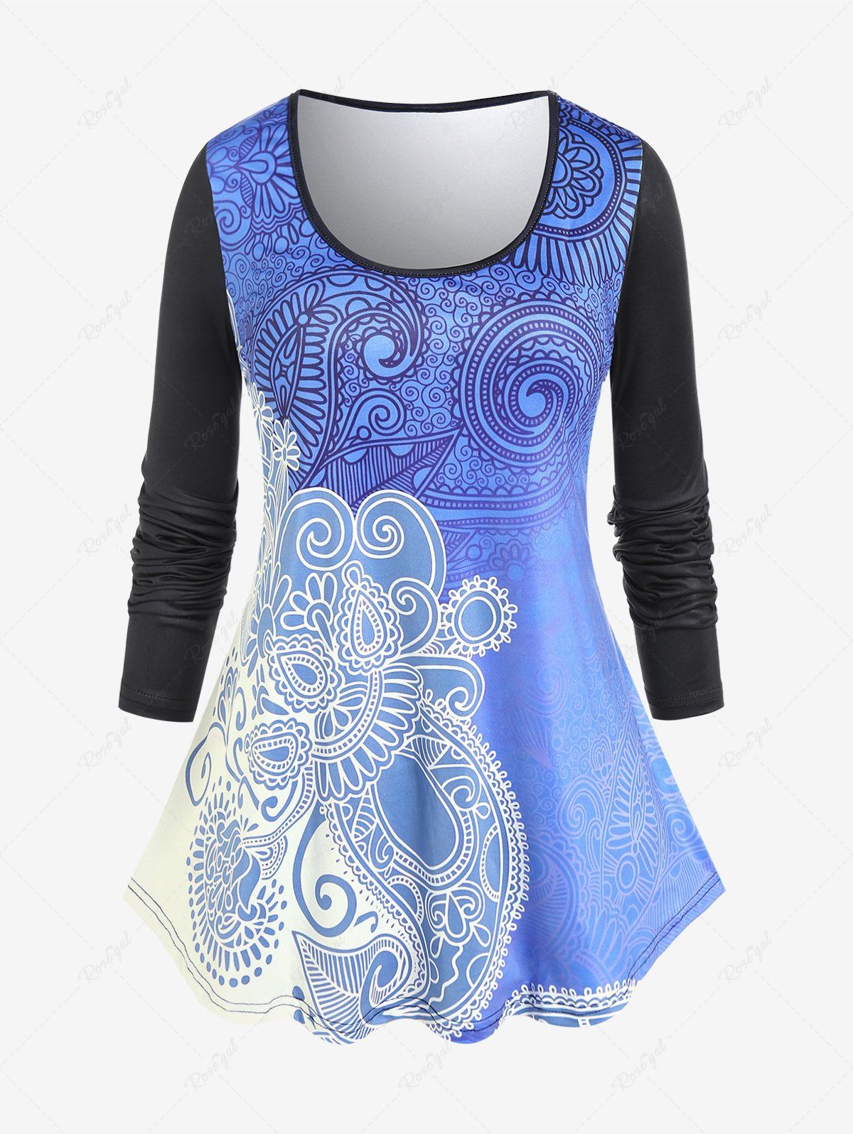 Latest Plus Size Ethnic Paisley Printed Colorblock Long Sleeves Tee  