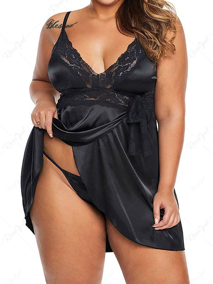 Fashion Plus Size Lace Panel Plunging Neck Bowknot Colorblock Lingerie  