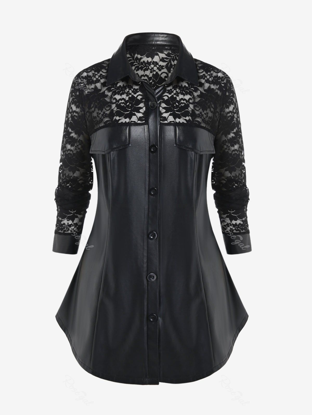 Latest Gothic Long Sleeves Faux Leather Shirt with Lace  