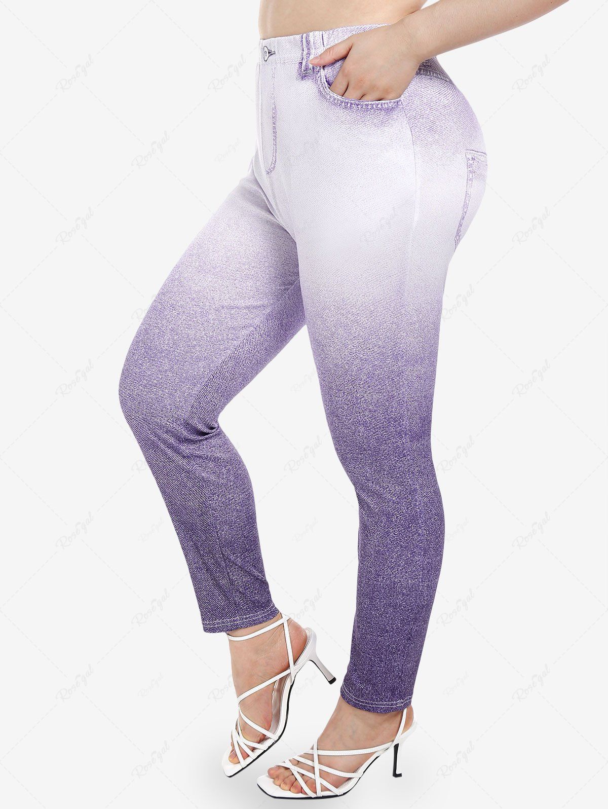 Buy Plus Size Pockets 3D Denim Print Ombre Color Pants  