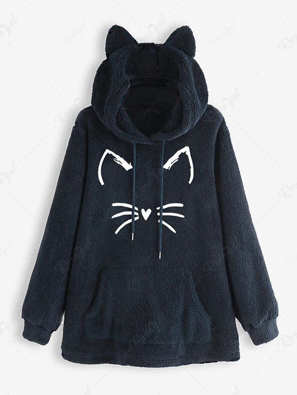 Affordable Plus Size Cat Graphic Fluffy Kangaroo Pocket Hoodie  
