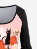 Halloween Raglan Sleeve Pumpkin Cat Print T-shirt and Pumpkin Cat Spiders Leggings Outfit -  