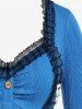 T-shirt Texturé Mouchoir en Tricot à Câble Panneau en Dentelle avec Faux Bouton Grande Taille - Bleu 1x | US 14-16