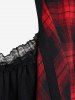 Plus Size Plaid Lace Trim Draped Long Sleeves Twofer Tee -  