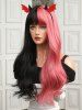 Perruque Synthétique D'Halloween Longue Ondulée Naturelle Bicolore Noir et Rose - Noir Ensemble de 1 Pièce 28 pouces