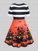 Robe D'Halloween Vintage Ligne A Rayée à Imprimé Citrouille Château et Chauve-souris - Orange Foncé L | US 12