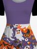 Robe Ligne A D'Halloween Vintage à Imprimé Citrouille Chauve-souris et Fantôme en Blocs de Couleurs - Pourpre  