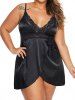 Plus Size Lace Panel Plunging Neck Bowknot Colorblock Lingerie -  