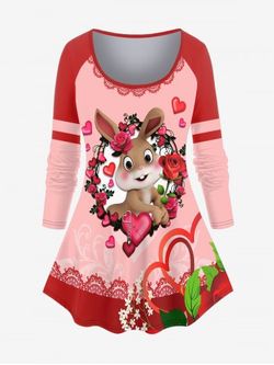 Plus Size Rabbit Rose Print Raglan Sleeve T-shirt - LIGHT PINK - 2X | US 18-20