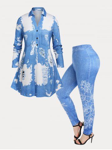 3D Denim Print Half Button Blouse and Skinny Leggings Plus Size Fall Outfit - BLUE