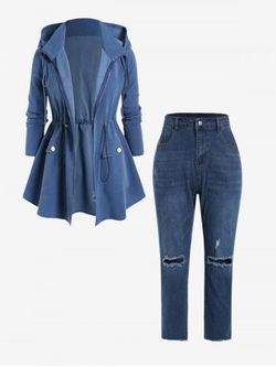 Hooded Drawstring Coat and High Rise Ripped Jeans Plus Size Fall Outfit - BLUE