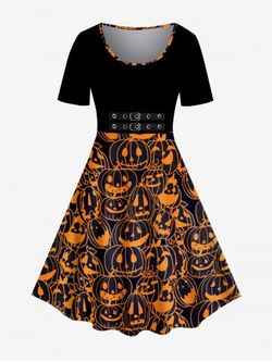 Halloween 3D Buckles Pumpkins Printed Vintage A Line Dress - ORANGE - 1X | US 14-16