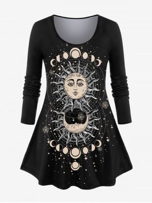 Plus Size Long Sleeve Sun Moon Star Print T-shirt