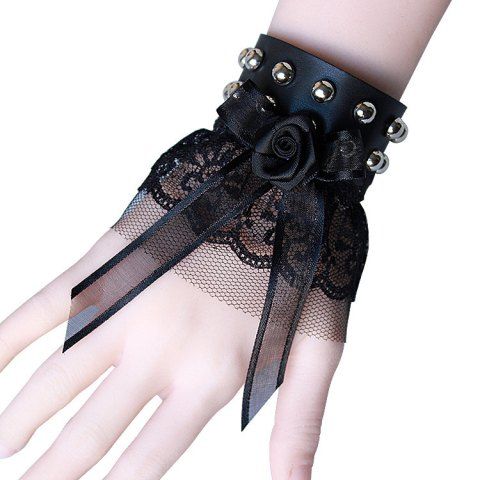 Punk Gothic Lace Rose Studded Bracelet - BLACK