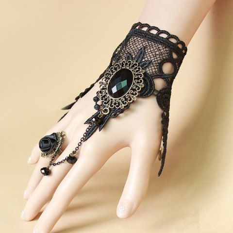 Gothic Vintage Rose Lace Finger Ring Bracelet - BLACK