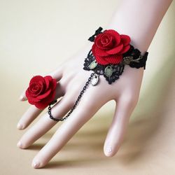 Gothic Vintage Court Lace Rose Finger Ring Bracelet - BLACK