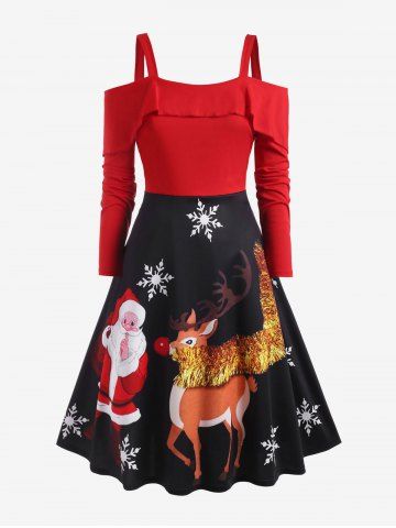 Plus Size Ruffle Cold Shoulder Christmas Printed Dress