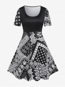 Plus Size Vintage Ethnic Printed Short Sleeves A Line Dress - BLACK - 1X | US 14-16
