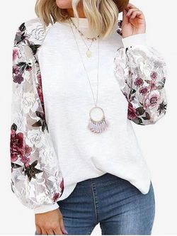 Plus Size Floral Lace Raglan Sleeves Top - WHITE - XXL