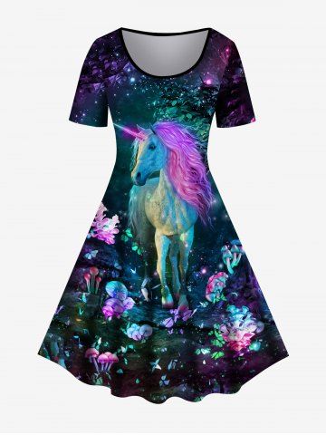Plus Size Vintage Flower Horse Print Flare Dress - BLACK - L | US 12