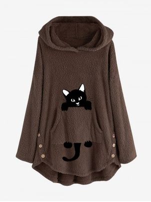 Plus Size Cat Print Pockets High Low Fluffy Hoodie