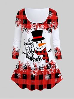 Plus Size Snowman Plaid Print Christmas Graphic T-shirt - RED - L | US 12