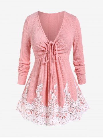 Plus Size Contrast Lace Panel Cable Knit Tie Plunging Pullover Jumper - LIGHT PINK - 3X | US 22-24