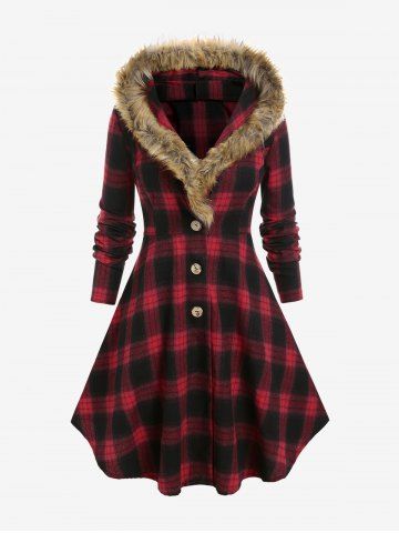 Plus Size Checked Faux-fur Hooded Coat - DEEP RED - M | US 10