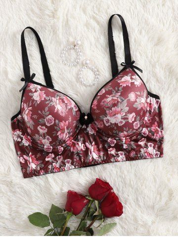 Plus Size Floral Underwire Push Up Bra - DEEP RED - 3XL