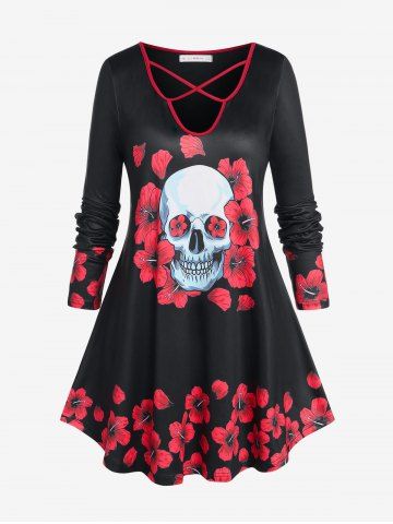 Tallas grandes Halloween Floral Skull Print Crisscross camiseta - BLACK - 4X