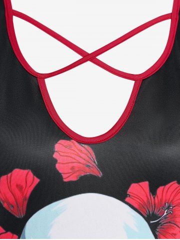 Plus Size Halloween Floral Skull Print Crisscross T-shirt