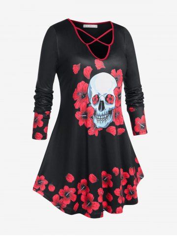Plus Size Halloween Floral Skull Print Crisscross T-shirt