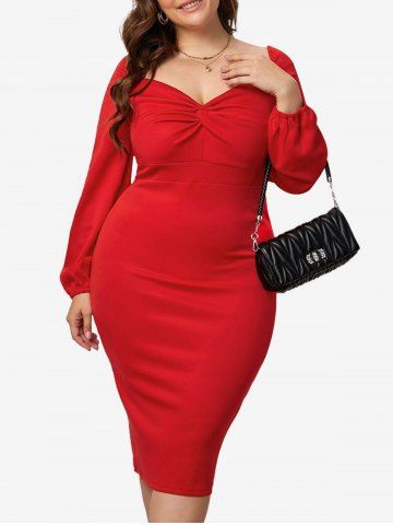 Plus Size Twist Raglan Sleeves Midi Bodycon Party Dress - RED - 5X