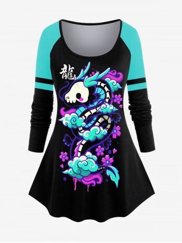 Plus Size Oriental Dragon Printed Colorblock Raglan Sleeves T-shirt - BLACK - M | US 10