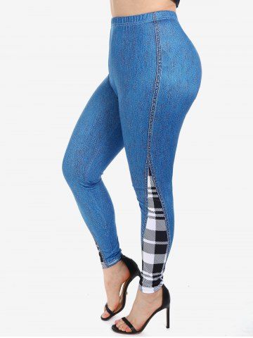 Plus Size Checked Panel Jeggings - DEEP BLUE - 5X | US 30-32