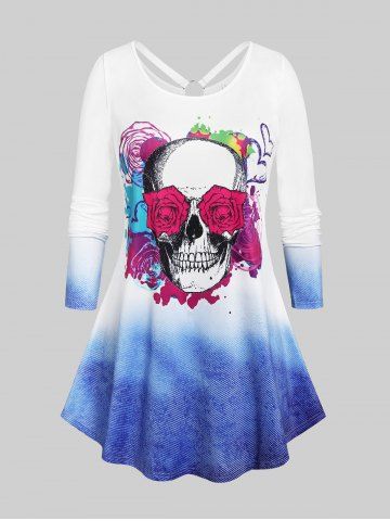 Plus Size Halloween Rose Skull Print Ombre Color Tee - WHITE - 2X