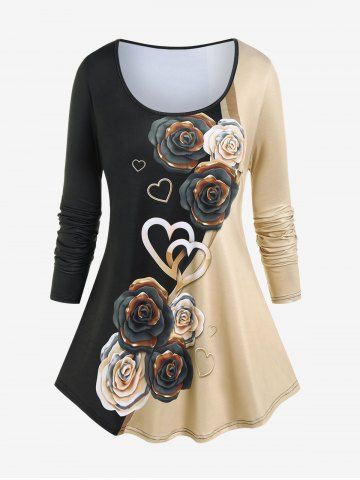 Plus Size Colorblock Rose Heart Print Valentines T-shirt - LIGHT COFFEE - M | US 10