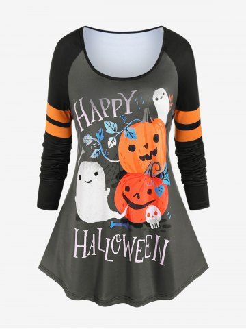 Halloween Raglan Sleeve Pumpkin Ghost Print Tee - GRAY - L | US 12